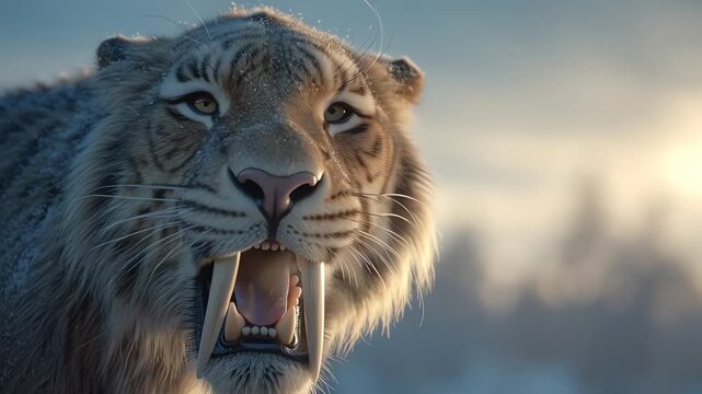 Prehistoric Saber tooth tiger mammal roaring in winter setting