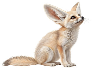 Obraz premium Cute Fennec Fox Sitting Alertly with Large Ears, Soft Fur Texture, Natural Lighting, Side Profile, Realistic Illustration Isolated on Transparent Background