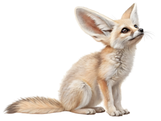 Cute Fennec Fox Sitting Alertly with Large Ears, Soft Fur Texture, Natural Lighting, Side Profile, Realistic Illustration Isolated on Transparent Background