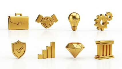 Set of 8 universal luxury business icons, ultra-clean 3D minimal design