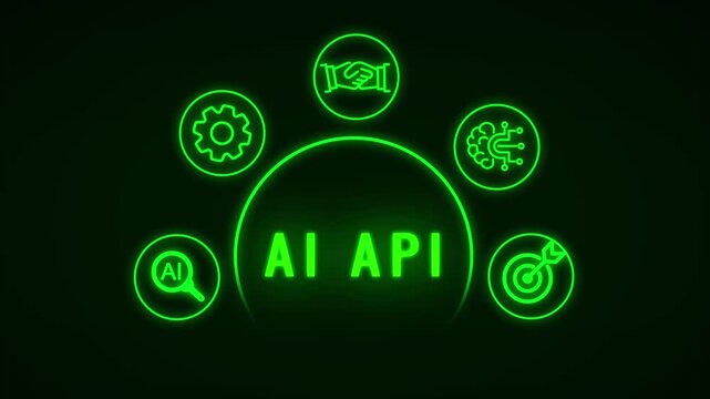 Empty green neon glowing arranged in a semicircle on a dark background with no central word Keywords: AI, artificial, intelligence, business, strategy, goals, data, analysis, machine, learning