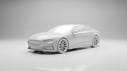 Fototapeta premium Futuristic white 3D model of a luxury sedan car in studio