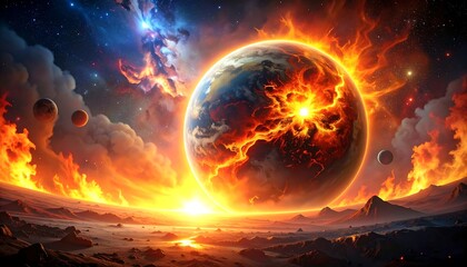 A vibrant cosmic scene shows a fiery planet against a nebula