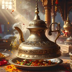 Ornate gold teapot steaming over a colorful Indian dish