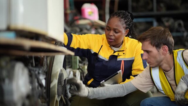 African woman technician or engineer checking car part with car part background