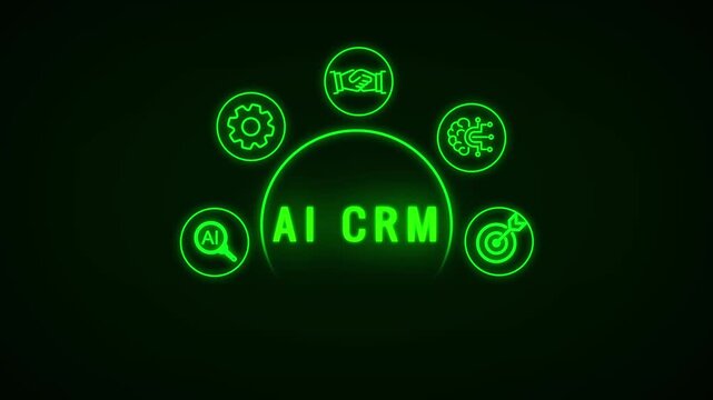 Neon Green Outline Representing Artificial Intelligence Concepts Arranged in a Semi- Circle Over a Dark Background with a Large Central Circle Keywords: AI, artificial, intelligence, technology