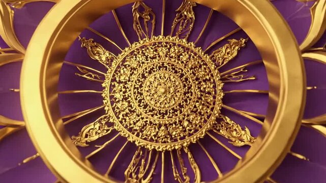 Intricate purple and gold floral pattern with a central circular design, ornate.