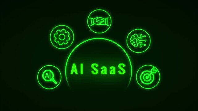 Neon Green Outline Representing Artificial Intelligence Concepts Arranged in a Semi- Circle Over a Dark Background with a Large Central Circle Keywords: AI, artificial, intelligence, technology
