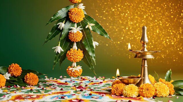 Chandramana Ugadi background with mango leaves toran and floral offerings for Hindu New Year design