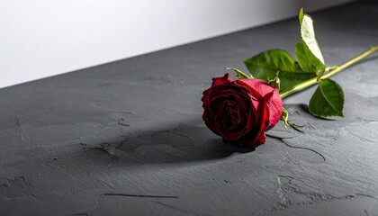 Close-up of a deep red rose on a textured gray surface with a white angled backdrop