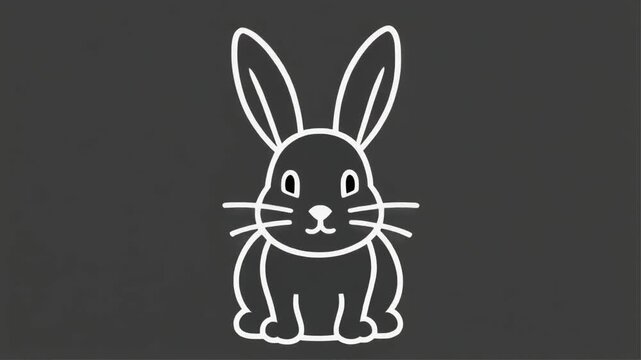 Simple white outline drawing of a cute sitting rabbit or bunny animal icon vector graphic illustration isolated on a dark background for logo design mascot and spring themes
