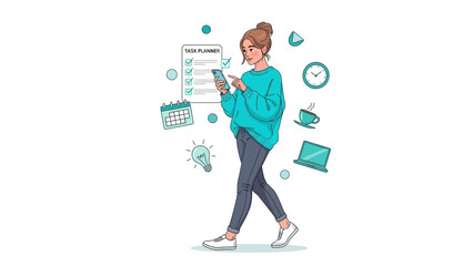 Woman using mobile phone with task planner, calendar, laptop, coffee and lightbulb icons