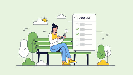 Woman using phone on park bench with to-do list app on screen