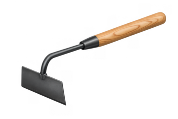 Hand hoe featuring a wooden grip and a durable metal blade, used for digging, cultivating, and removing weeds in gardens