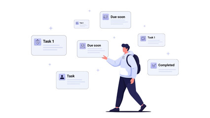 Young man managing tasks and deadlines with digital notifications, task management concept