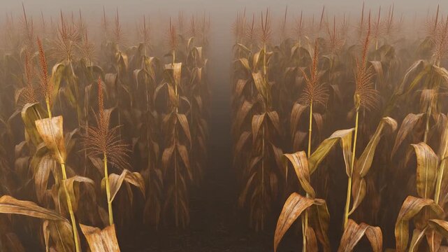Golden Rows of Dry Corn Stalks in Foggy Field at Dusk