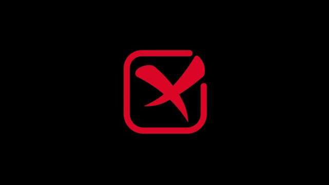 animated red cross in a box, disagree answer, transparent background, 4k video