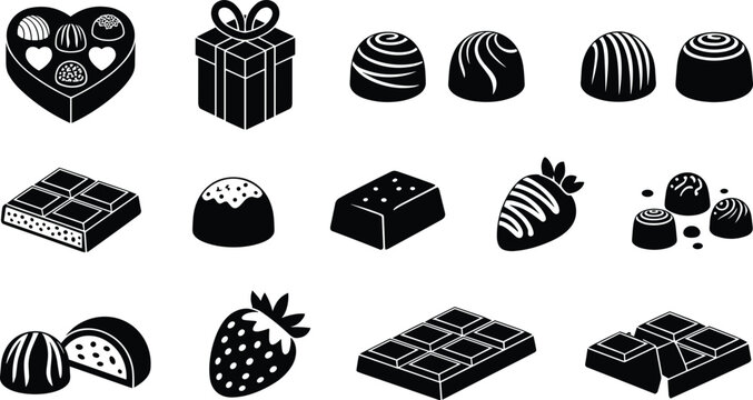 Chocolate sweets silhouette icon set featuring heart chocolate box, gift packaging, truffles, bars and candies, elegant black confectionery illustrations isolated on white background