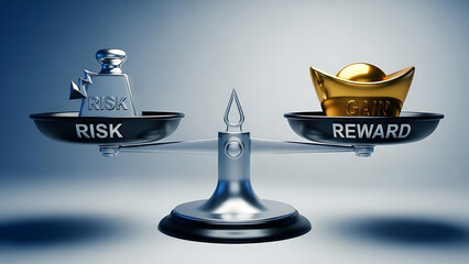 Fintech 3d data visualization: conceptual balance scale showing risk versus reward with gold and silver elements