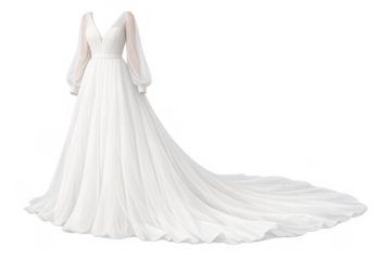White wedding dress with long sheer sleeves and train, elegant bridal gown for marriage celebration, transparent background