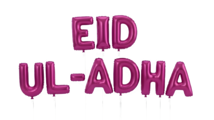 Eid ul-Adha text made of magenta pink foil balloons on a transparent background for festive Islamic holiday celebrations and religious event greetings.