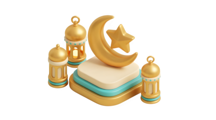 Gold crescent moon and star on 3D podium with traditional lanterns for Ramadan Kareem and Eid Mubarak festive design on transparent background
