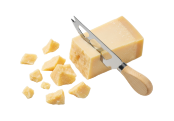 Hard pale yellow Parmesan cheese wedge, granular, with knife cutting shards on transparent background with copy space, shadowless studio light, gourmet food preparation concept.