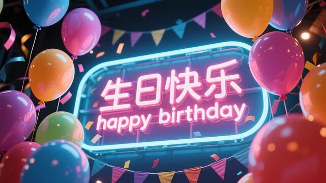 Happy birthday card with colorful party balloons and neon lights in a fun celebration design