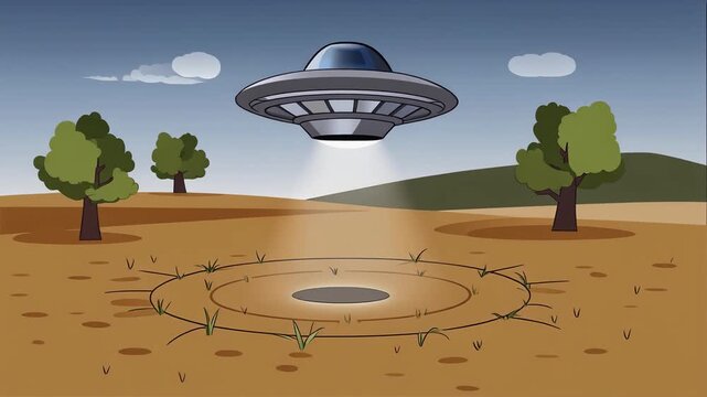 Cartoon illustration of a classic flying saucer UFO hovering above an arid field creating a circular landing mark depicting alien abduction and mysterious extraterrestrial encounter