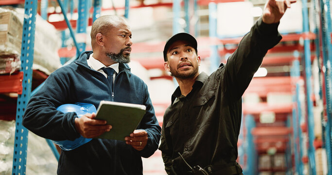 Cargo, tablet and team with people in warehouse for inspection checklist, logistics storage and freight. Supply chain inventory, distribution and online export report with employees in factory - Powered by Adobe