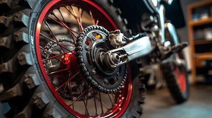 A detailed view of a dirt bikes rear wheel and chain system featuring red spokes in a workshop environment emphasizing mechanical precision rugged design and off road maintenance