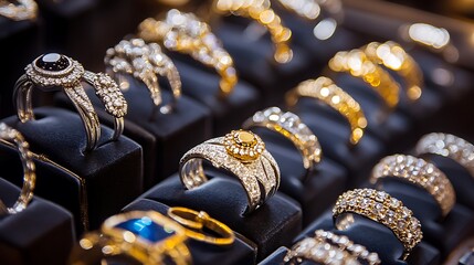 A diverse array of beautiful rings earrings and bracelets is displayed in an elegant jewelry store the shiny pieces catch the light inviting customers to admire the craftsmanship