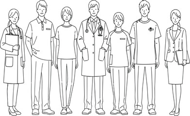 Line art vector illustration of a diverse medical team including doctors nurses and clinical staff in hospital uniforms