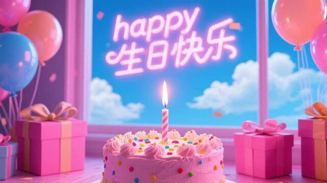 Happy birthday card with cake cupcakes candles and balloons in a sweet pink party celebration design