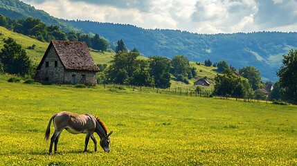 A donkey grazing on a green meadow with an old house in the background
