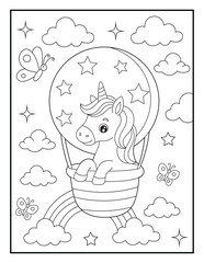 Naklejka premium Unicorn Coloring Page for Kids, Baby Unicorn in Hot Air Balloon with Stars and Clouds