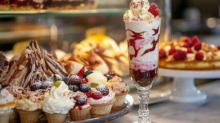 A full dessert tray with ice cream in a tall glass on sundays and cake on display