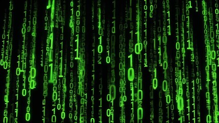 Green glowing binary code falling down a black screen representing data stream computer programming cyberpunk technology and digital information background wallpaper illustration - Powered by Adobe