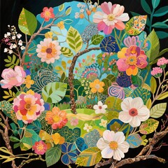 Blooming Garden A vibrant collage of flowers leaves and branches
