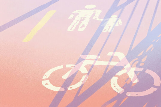 Stylized urban street signs showing a parent and child walking next to a bicycle lane symbol, emphasizing safety and family travel.