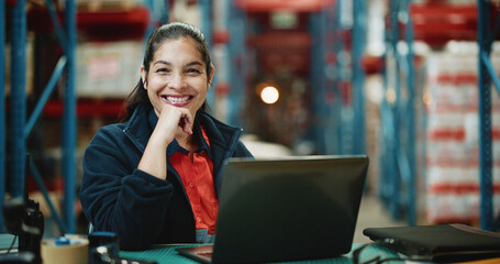 Shipping, laptop and portrait with woman in warehouse for quality assurance, cargo and logistics. Inventory manager, online inspection checklist and distribution with person in factory for delivery