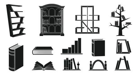 Black silhouette illustrations of bookshelves books and reading related objects © MdShifulIslam