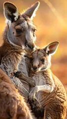 Fototapeta premium Mother kangaroo lovingly embraces her joey in warm, golden light
