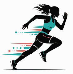 Fototapeta premium Dynamic athletic woman running with speed motion effects, flat vector illustration.