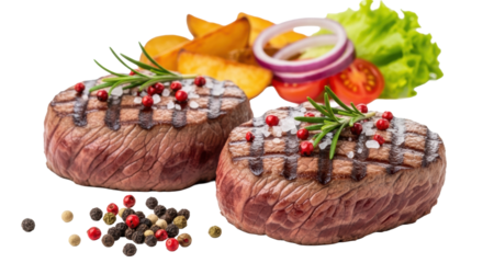 Two seared filet mignon steaks, charred, salt, peppercorns, rosemary. Foreground peppercorns, blurred sides, white bkg, copy space. Gourmet culinary perfection