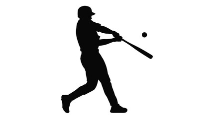 A baseball player swings a bat at an incoming ball in mid action with silhouette on white background