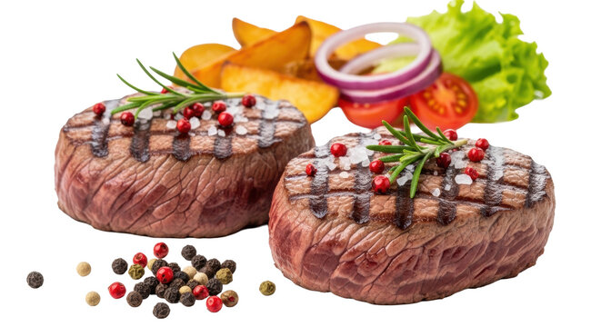 Two seared filet mignon steaks, charred, salt, peppercorns, rosemary. Foreground peppercorns, blurred sides, white bkg, copy space. Gourmet culinary perfection