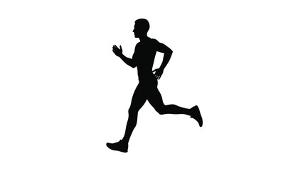 Silhouette of a man running in a dynamic pose with fitness and exercise on white background