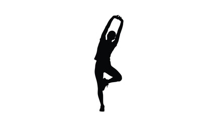Silhouette of a woman in a yoga tree pose with arms raised with exercise on white background