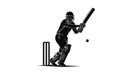 Cricket player in action swinging bat hitting ball with sports and game on white background